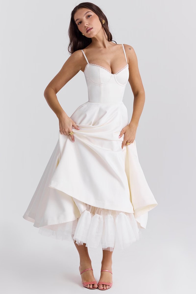 Harper - Women's Bustier Midi Satin Flared Cocktail Party Dress