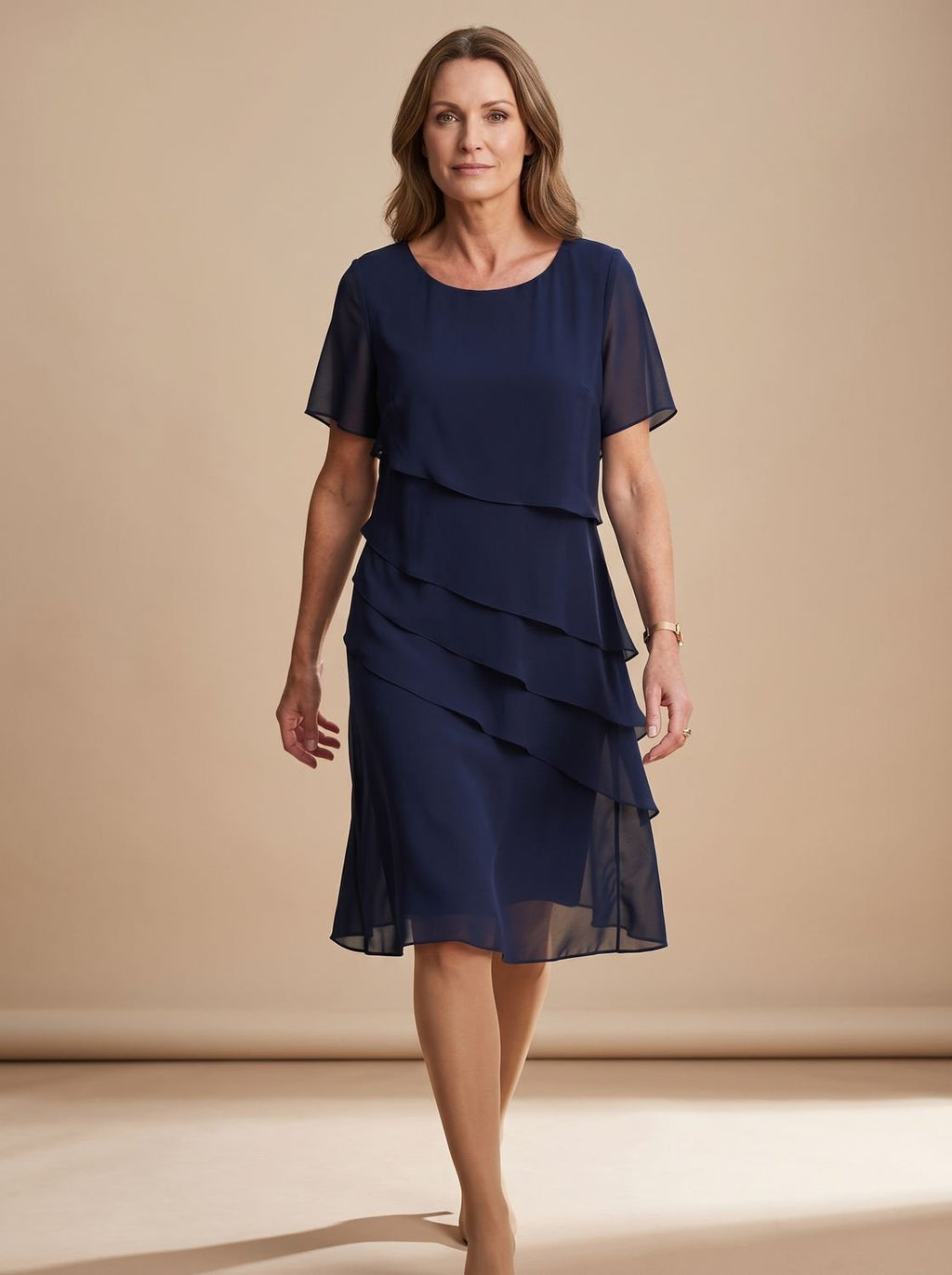 Luna - Women's Chiffon Tiered Ruffle Round-Neck Midi Dress
