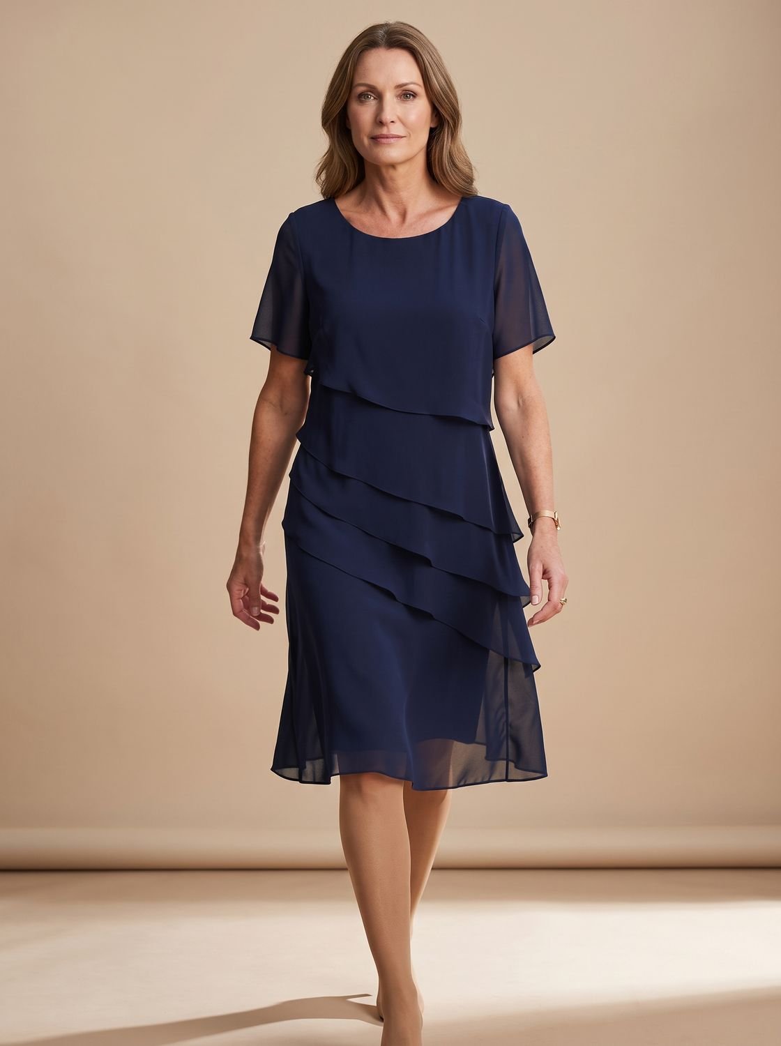 Luna - Women's Chiffon Tiered Ruffle Round-Neck Midi Dress