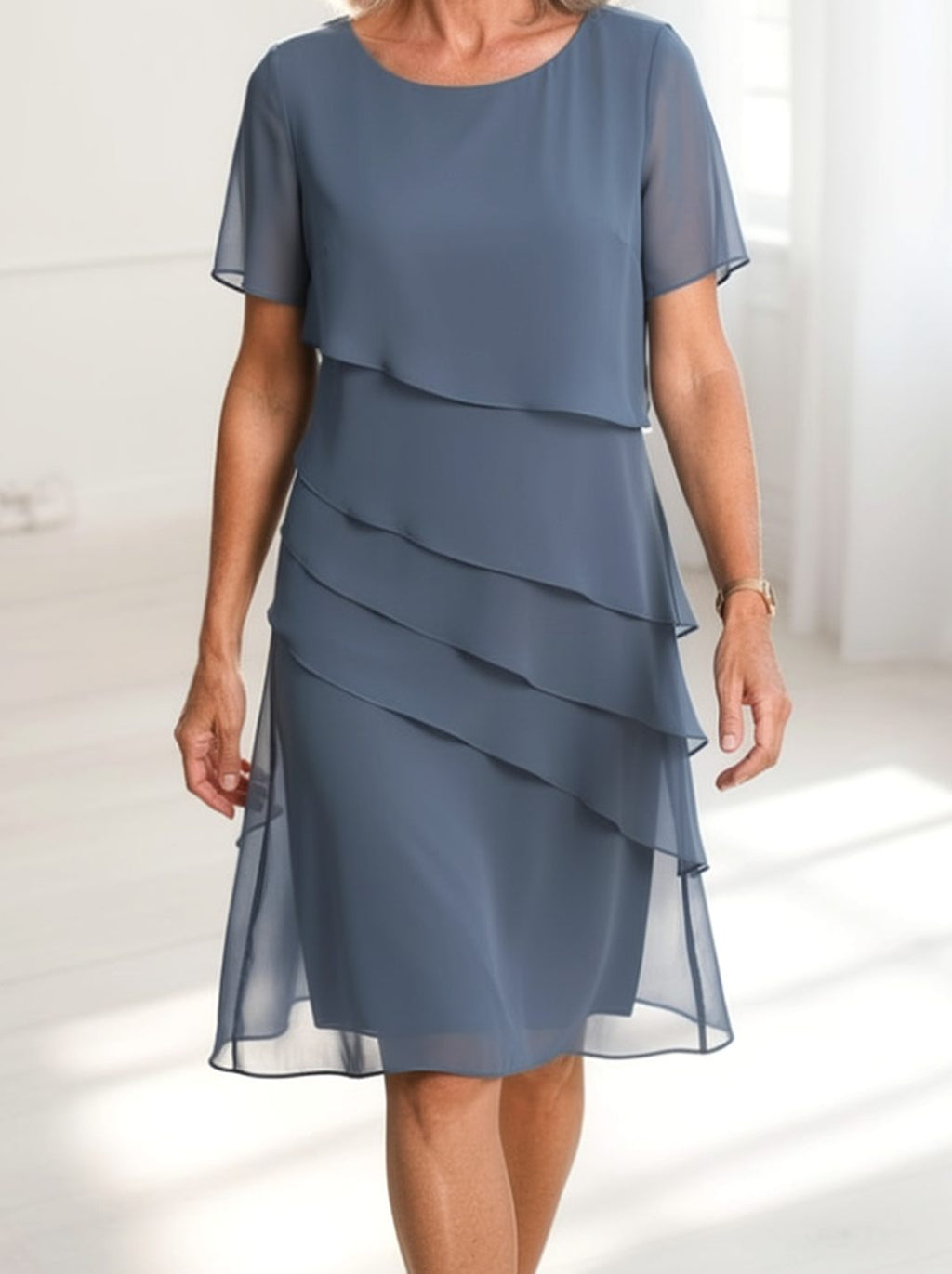 Luna - Women's Chiffon Tiered Ruffle Round-Neck Midi Dress