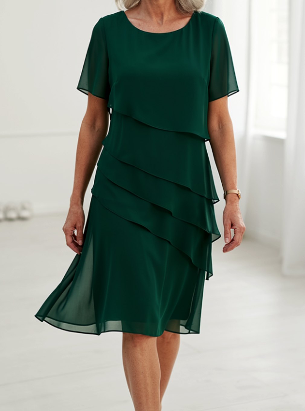 Luna - Women's Chiffon Tiered Ruffle Round-Neck Midi Dress