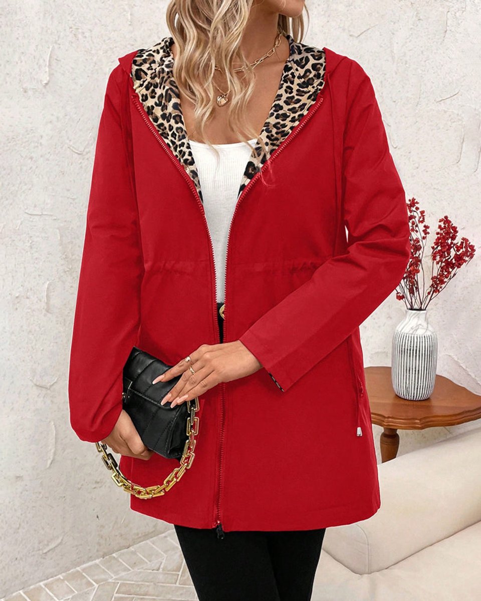 Olivia - Women's Coat Reversible Leopard Print Hooded Zip-Up Jacket