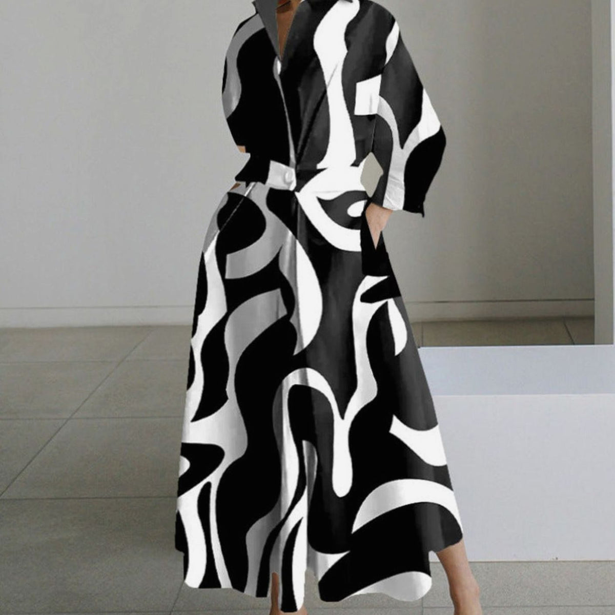 Luna - Women's Collared Maxi Shirt Dress Newspaper Print Wrap Front