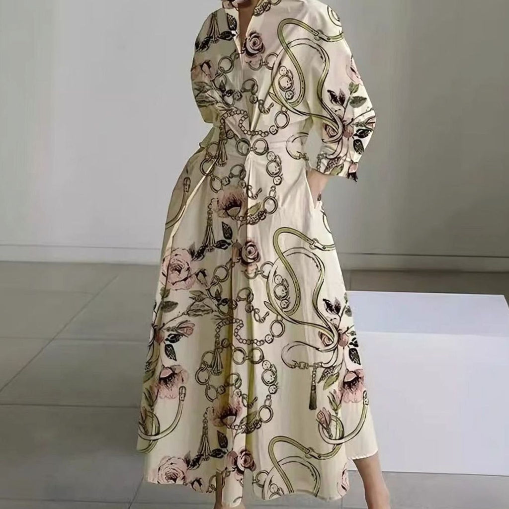 Luna - Women's Collared Maxi Shirt Dress Newspaper Print Wrap Front