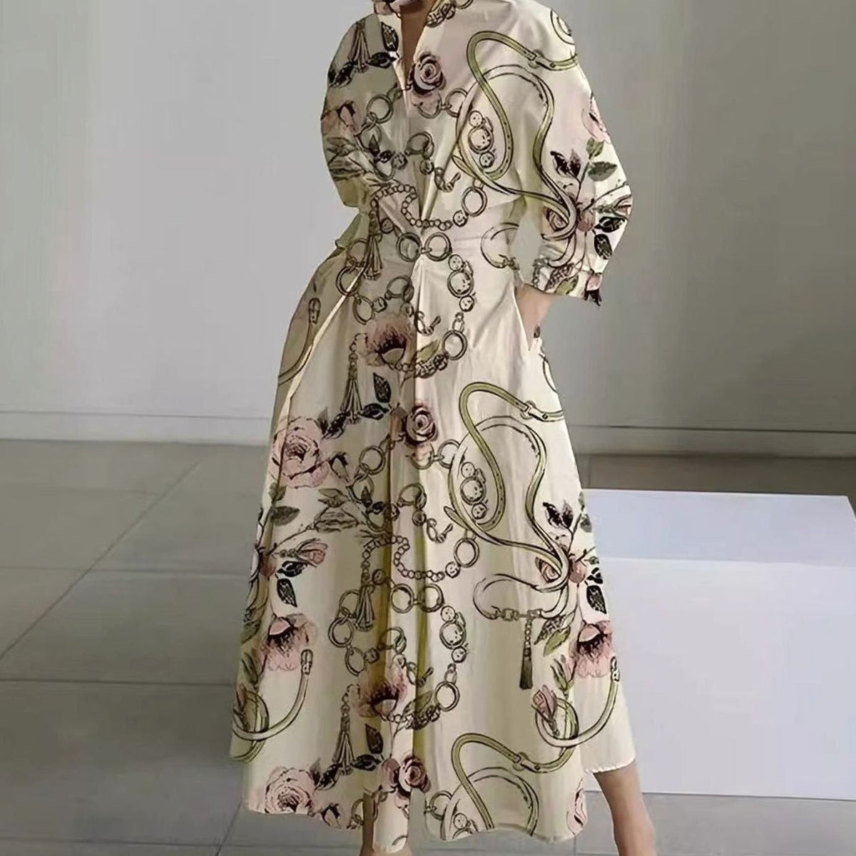 Luna - Women's Collared Maxi Shirt Dress Newspaper Print Wrap Front