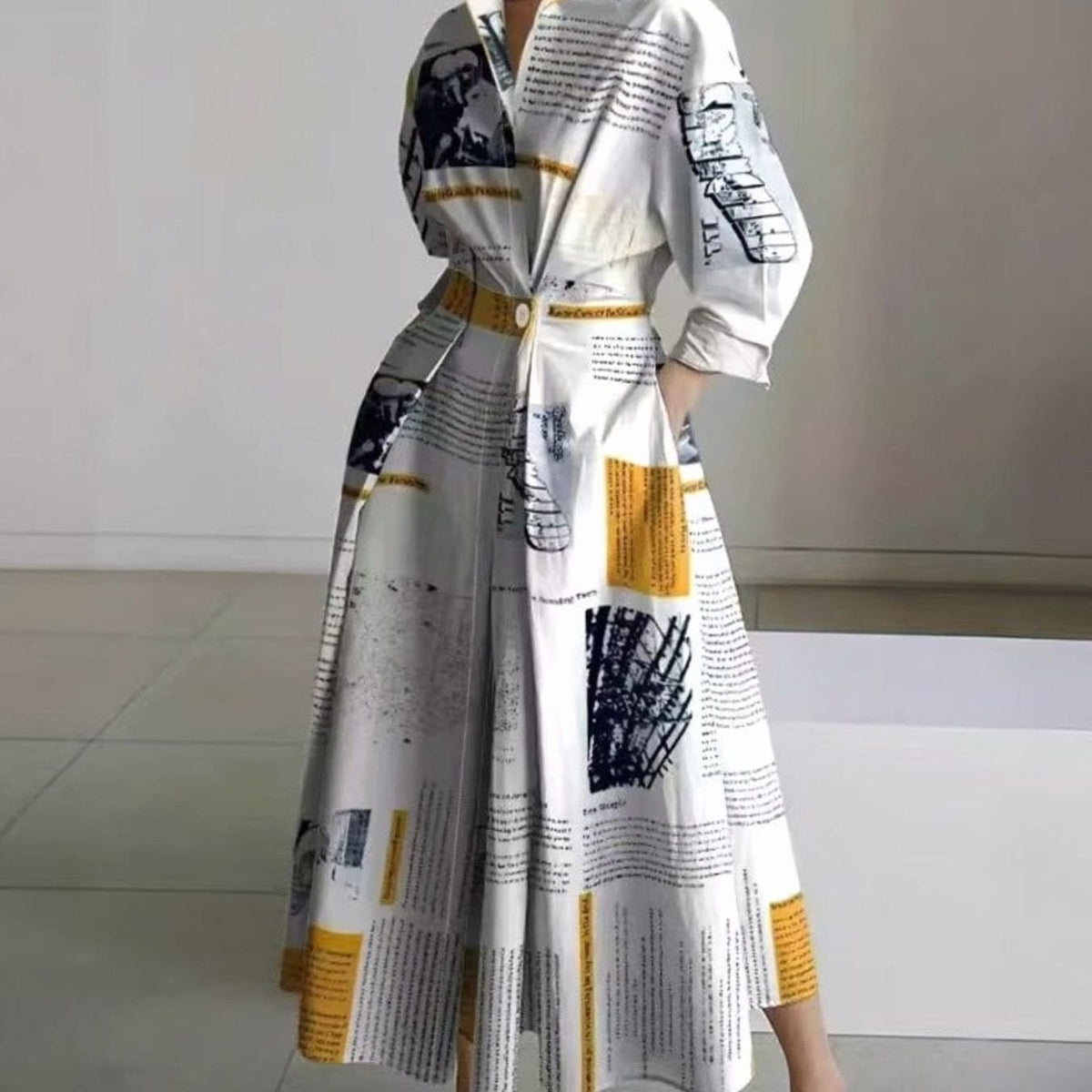 Luna - Women's Collared Maxi Shirt Dress Newspaper Print Wrap Front