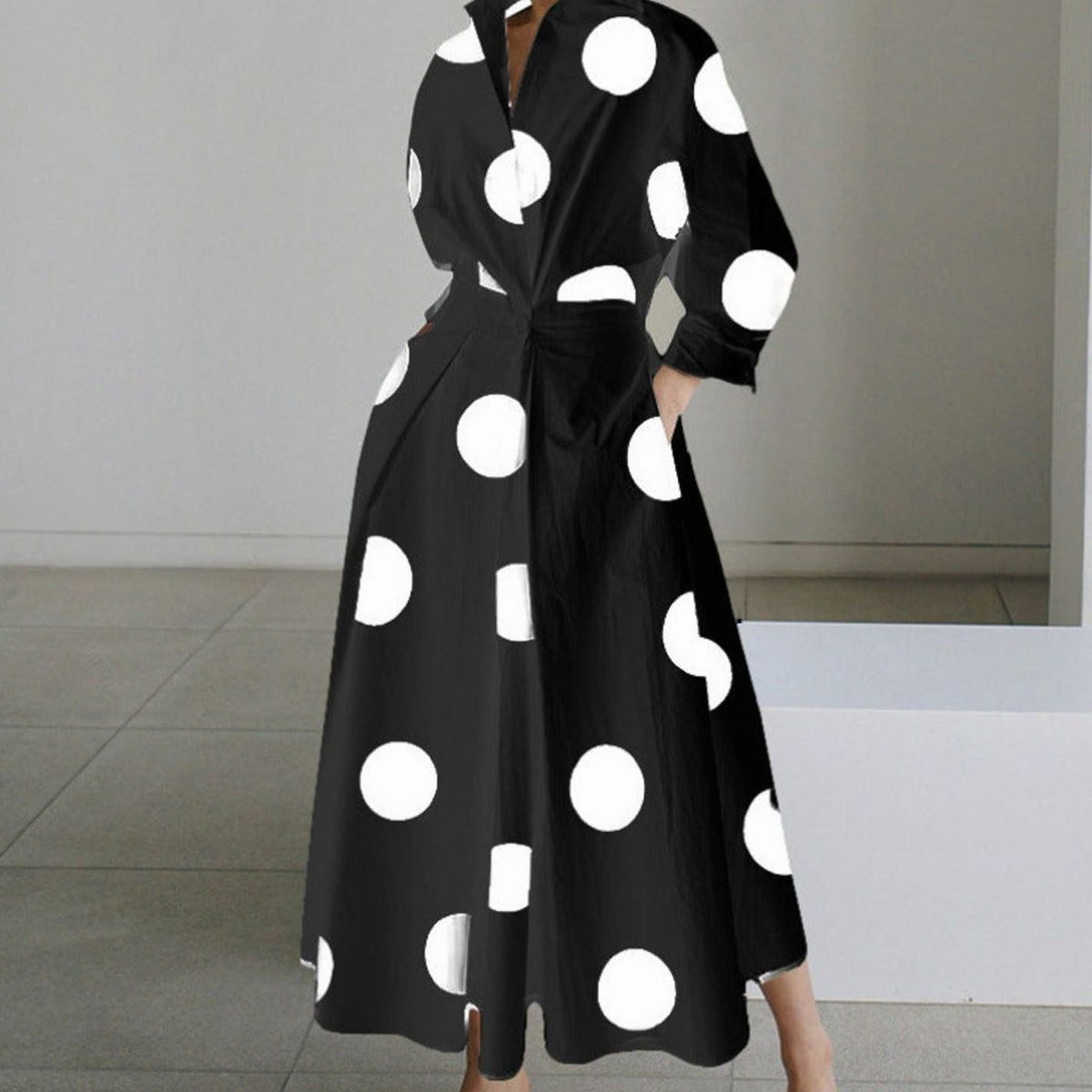 Luna - Women's Collared Maxi Shirt Dress Newspaper Print Wrap Front