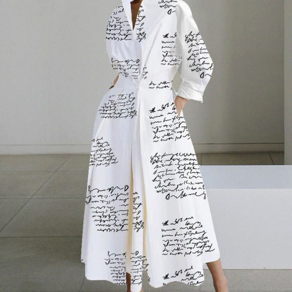 Luna - Women's Collared Maxi Shirt Dress Newspaper Print Wrap Front