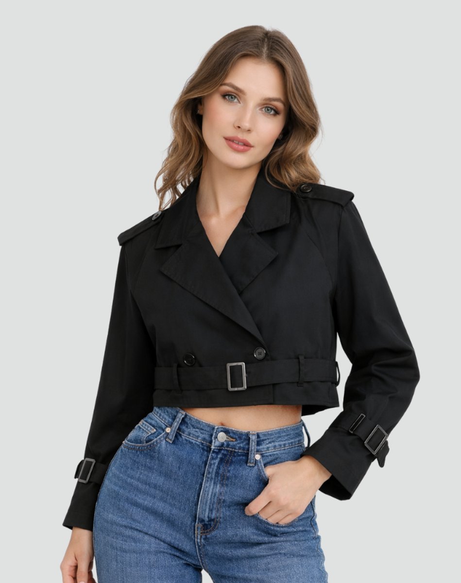 Madison - Women's Cropped Double-Breasted Belted Trench Coat Jacket