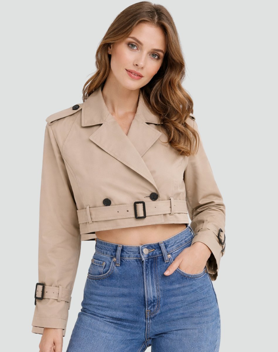 Madison - Women's Cropped Double-Breasted Belted Trench Coat Jacket