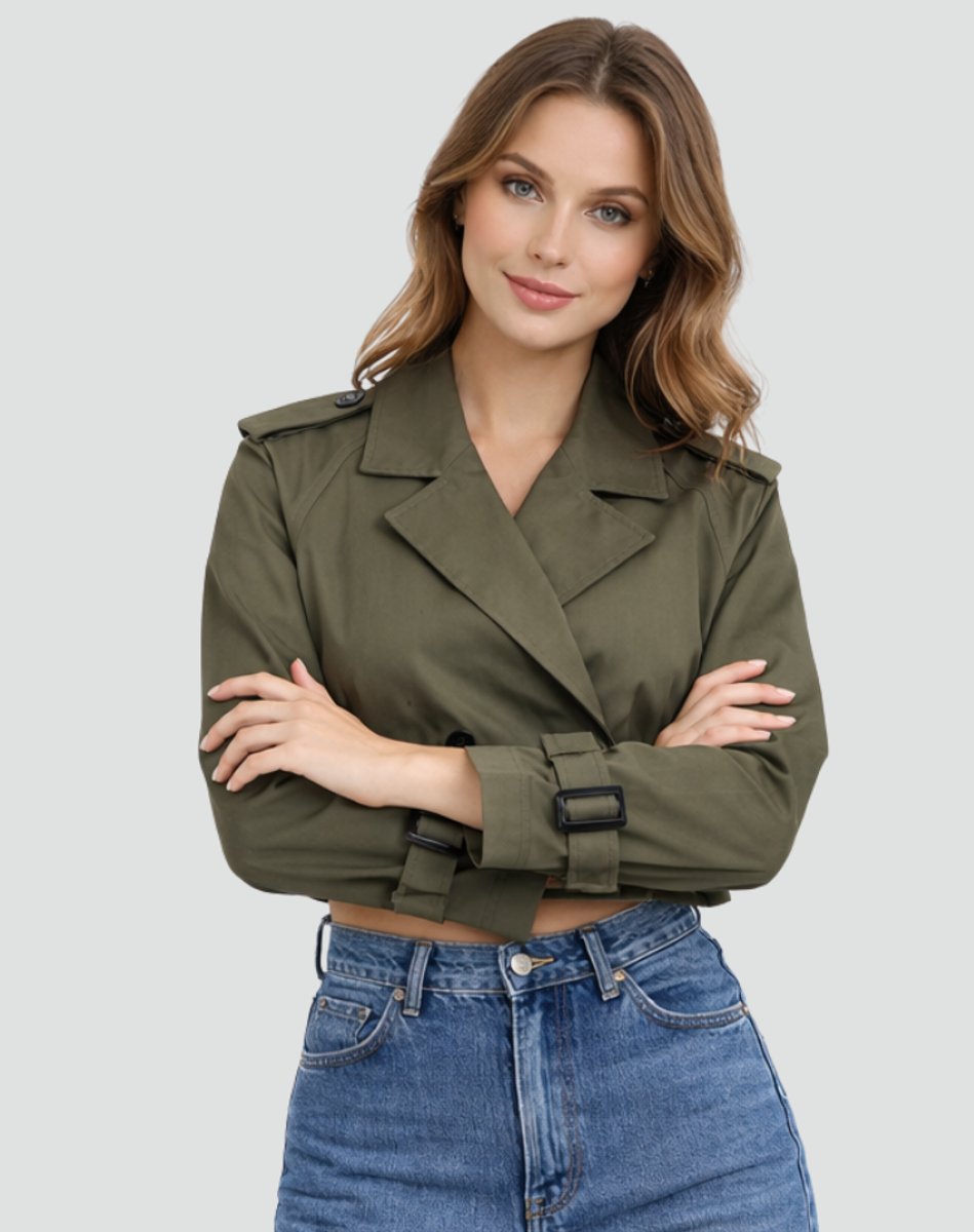 Madison - Women's Cropped Double-Breasted Belted Trench Coat Jacket