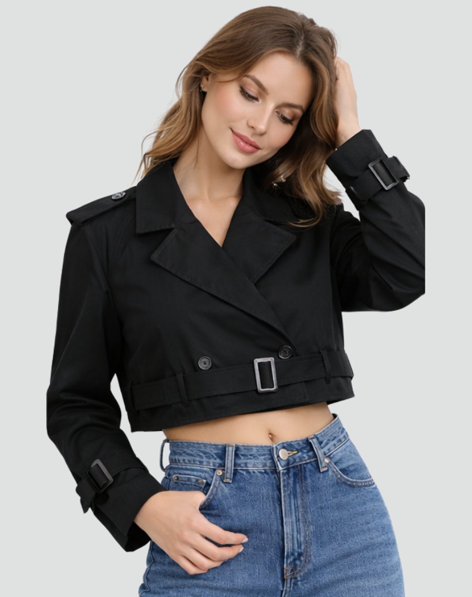 Madison - Women's Cropped Double-Breasted Belted Trench Coat Jacket