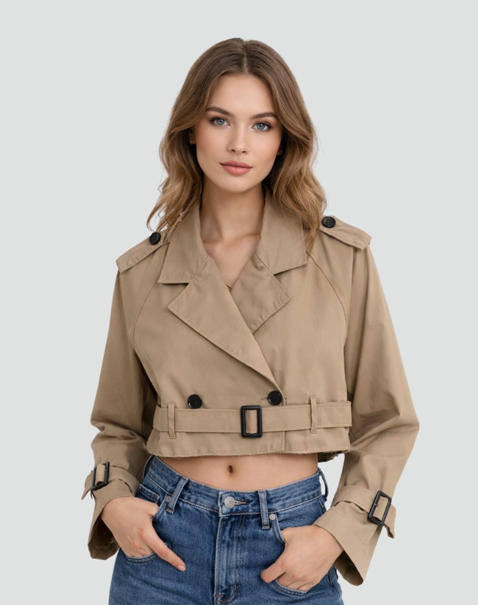 Madison - Women's Cropped Double-Breasted Belted Trench Coat Jacket