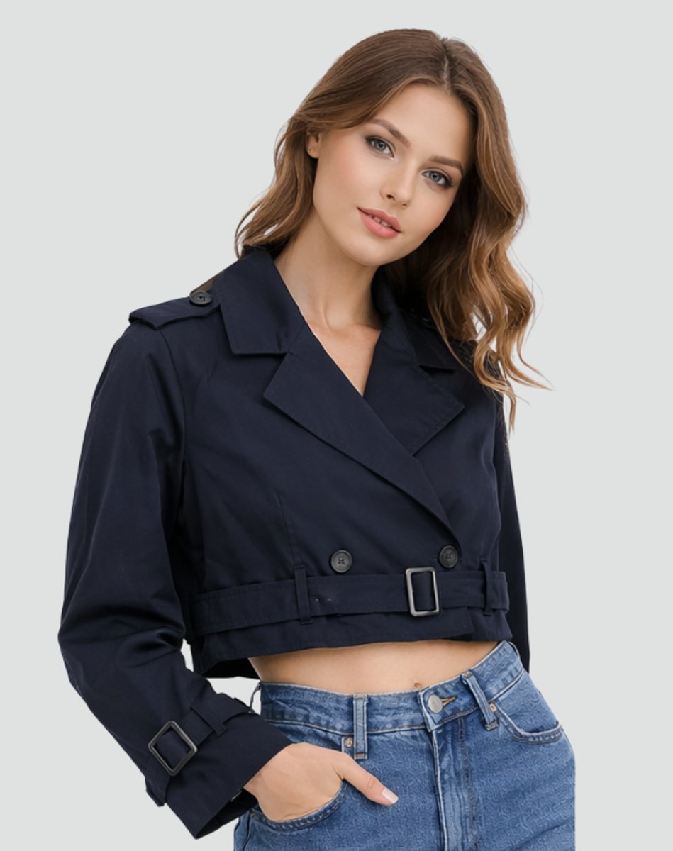 Madison - Women's Cropped Double-Breasted Belted Trench Coat Jacket