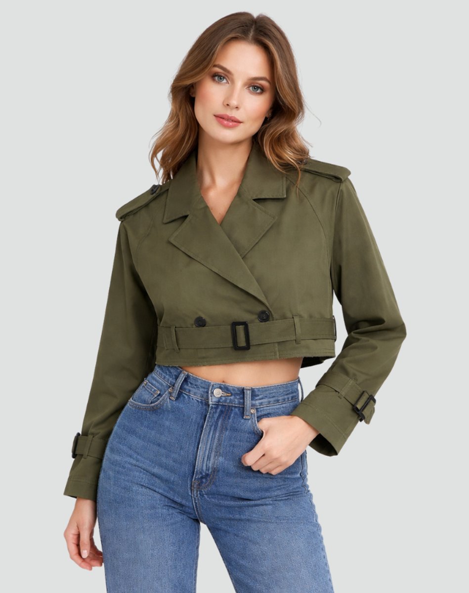Madison - Women's Cropped Double-Breasted Belted Trench Coat Jacket