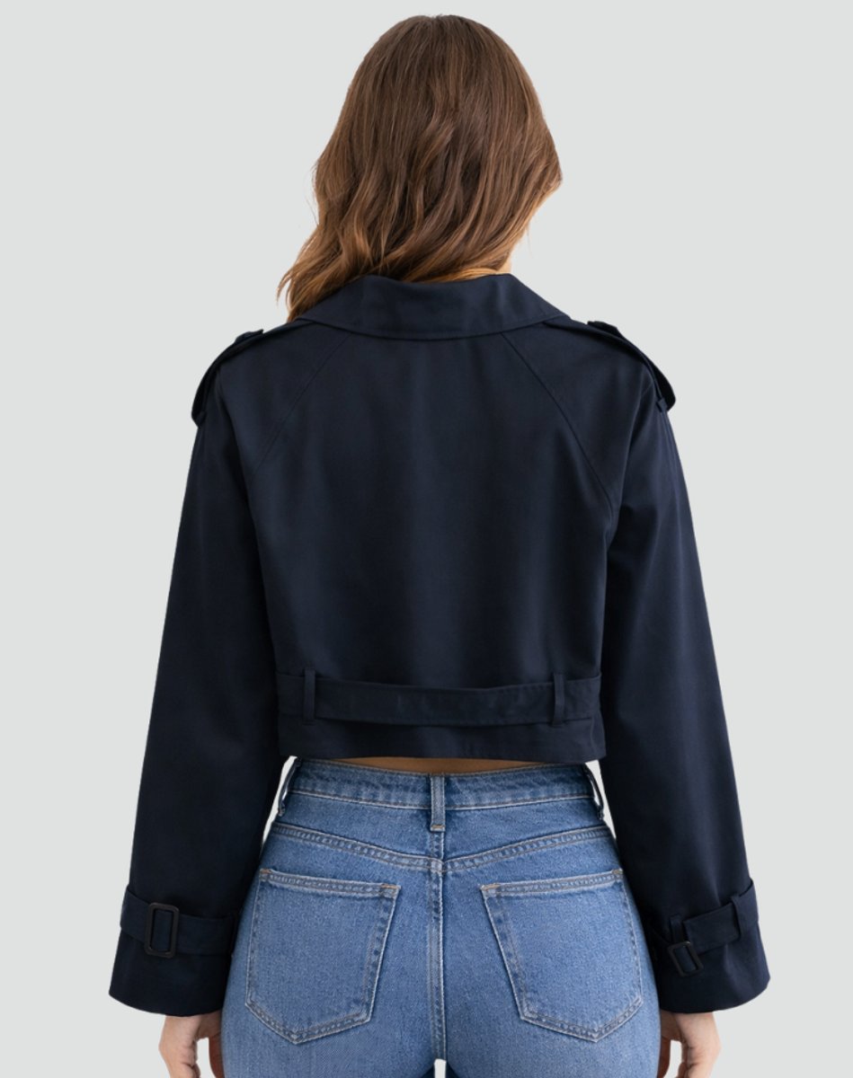 Madison - Women's Cropped Double-Breasted Belted Trench Coat Jacket