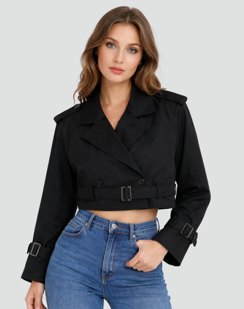 Madison - Women's Cropped Double-Breasted Belted Trench Coat Jacket