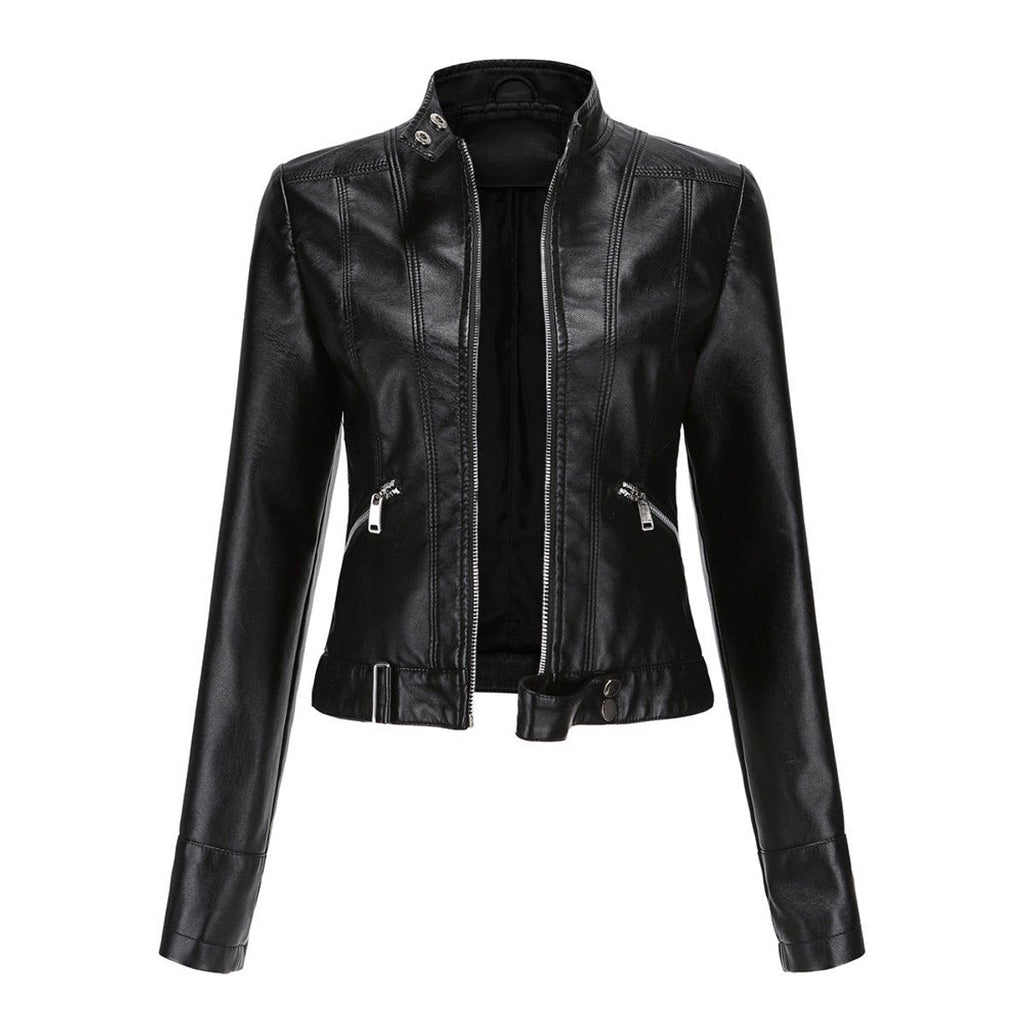 Victoria - Women's Cropped Faux Leather Jacket Stand-Collar Moto Biker