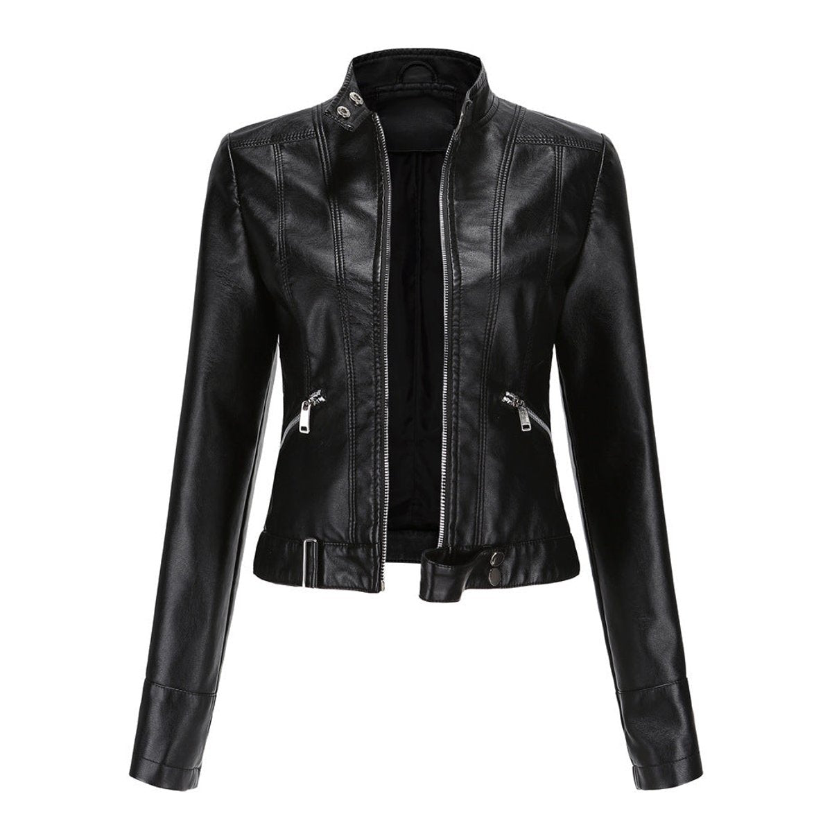 Victoria - Women's Cropped Faux Leather Jacket Stand-Collar Moto Biker