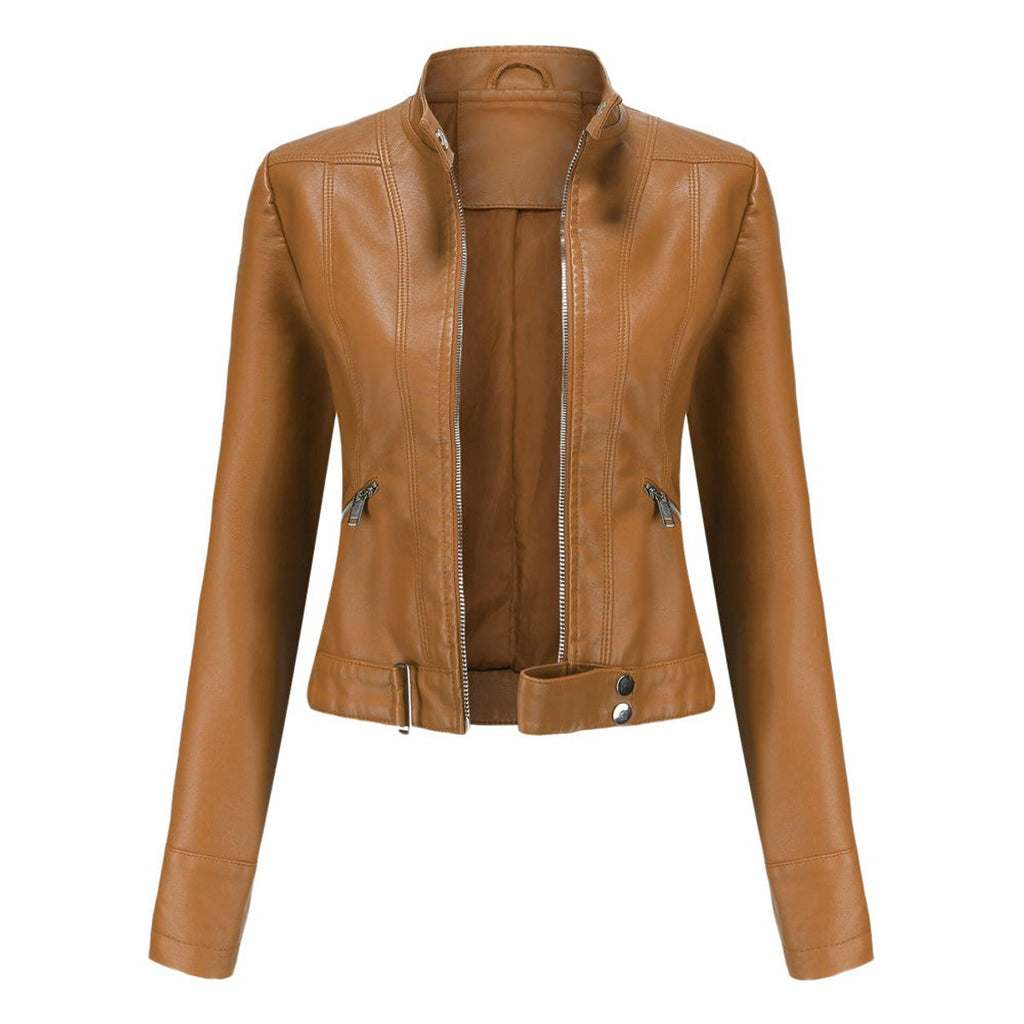 Victoria - Women's Cropped Faux Leather Jacket Stand-Collar Moto Biker