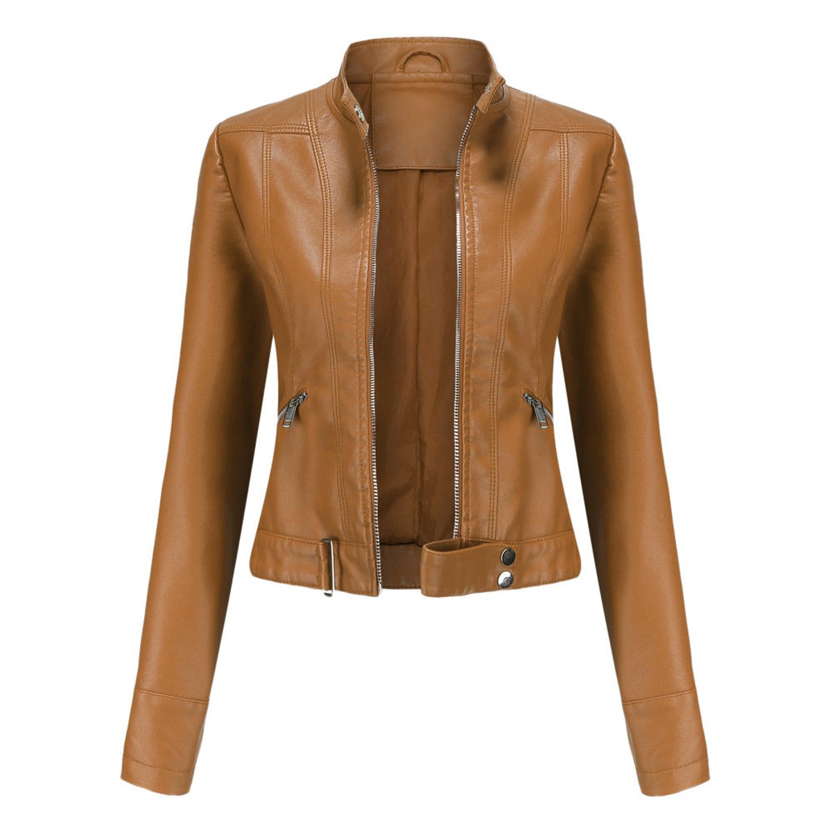 Victoria - Women's Cropped Faux Leather Jacket Stand-Collar Moto Biker