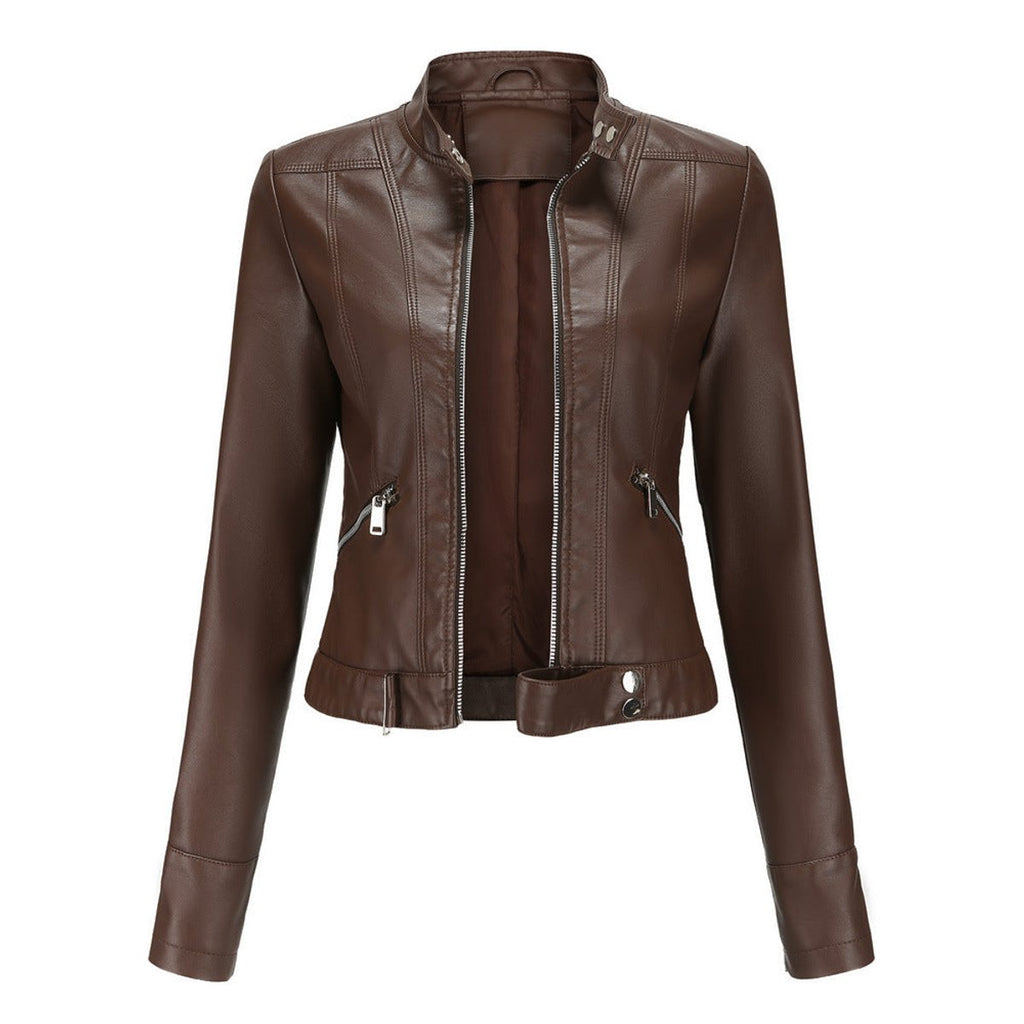 Victoria - Women's Cropped Faux Leather Jacket Stand-Collar Moto Biker