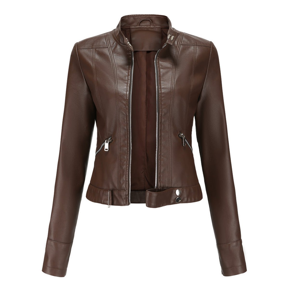 Victoria - Women's Cropped Faux Leather Jacket Stand-Collar Moto Biker