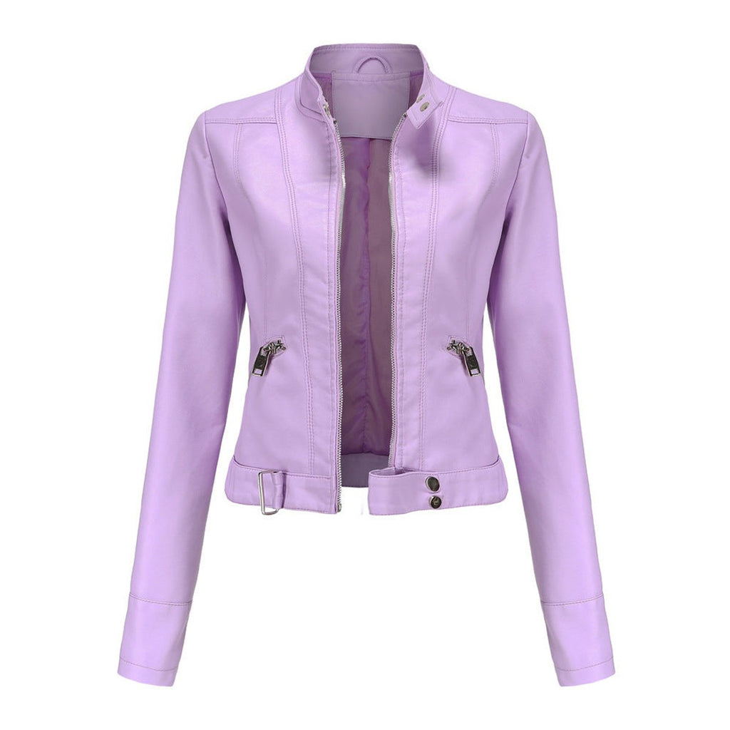 Victoria - Women's Cropped Faux Leather Jacket Stand-Collar Moto Biker