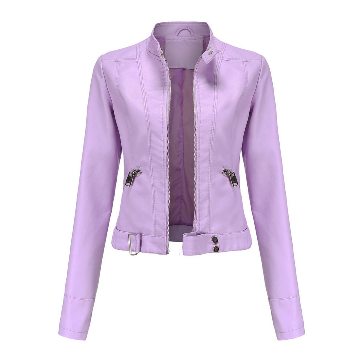Victoria - Women's Cropped Faux Leather Jacket Stand-Collar Moto Biker