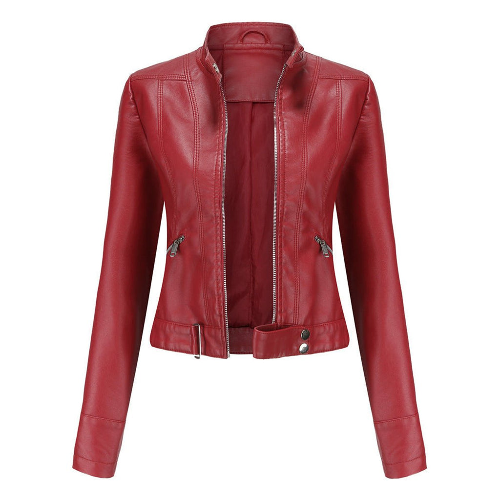 Victoria - Women's Cropped Faux Leather Jacket Stand-Collar Moto Biker