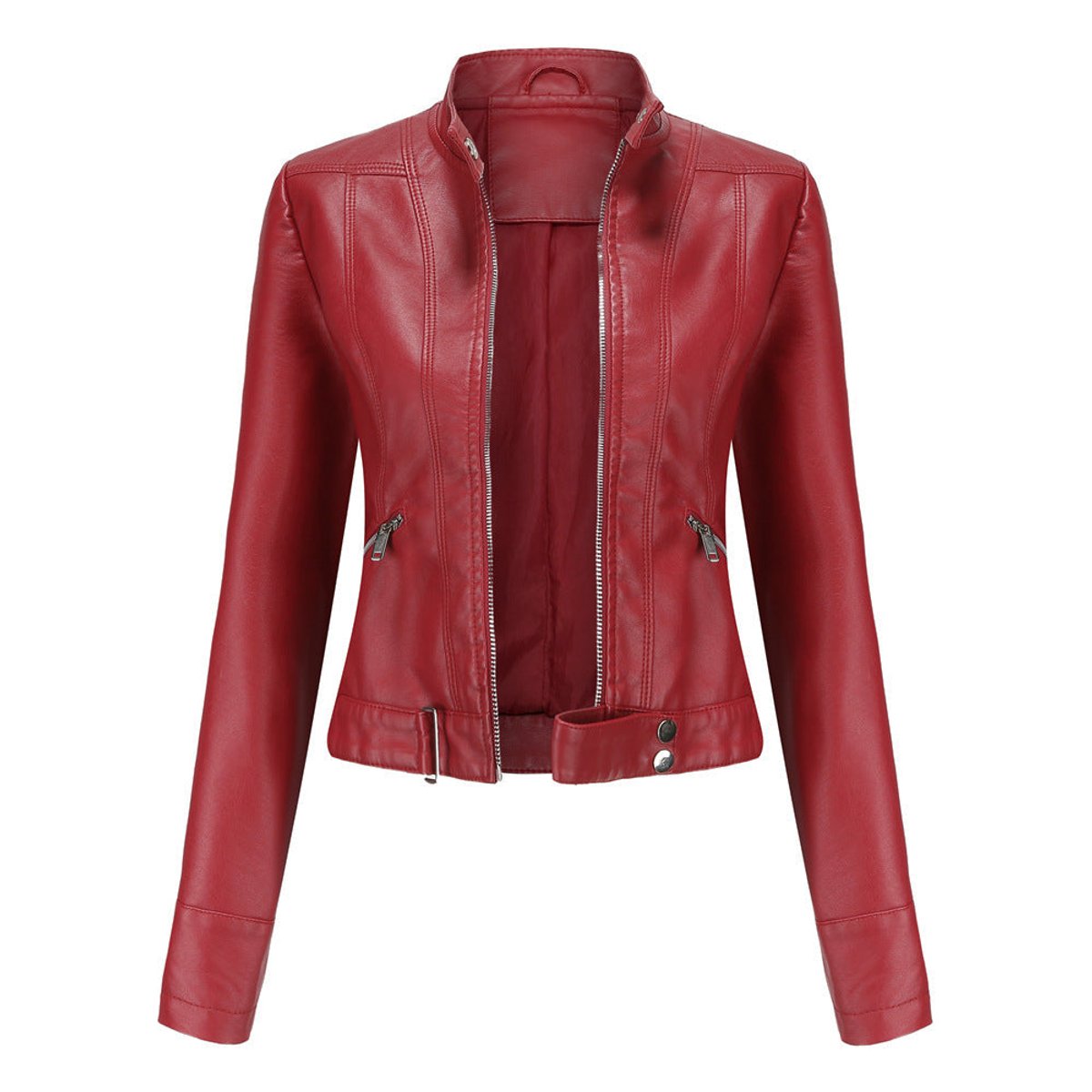 Victoria - Women's Cropped Faux Leather Jacket Stand-Collar Moto Biker