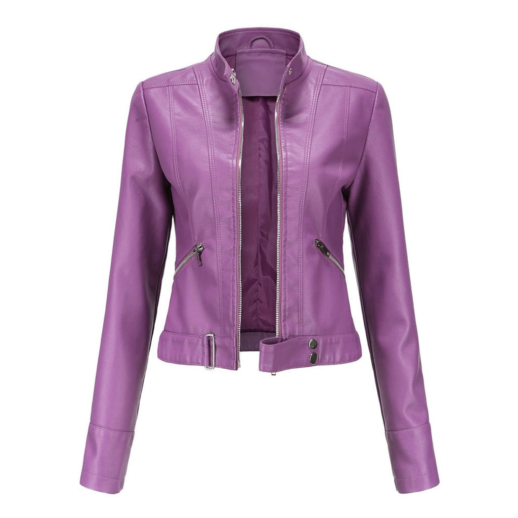 Victoria - Women's Cropped Faux Leather Jacket Stand-Collar Moto Biker