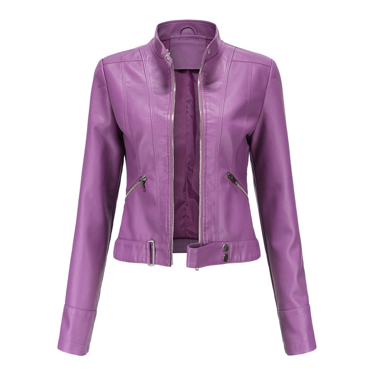 Victoria - Women's Cropped Faux Leather Jacket Stand-Collar Moto Biker