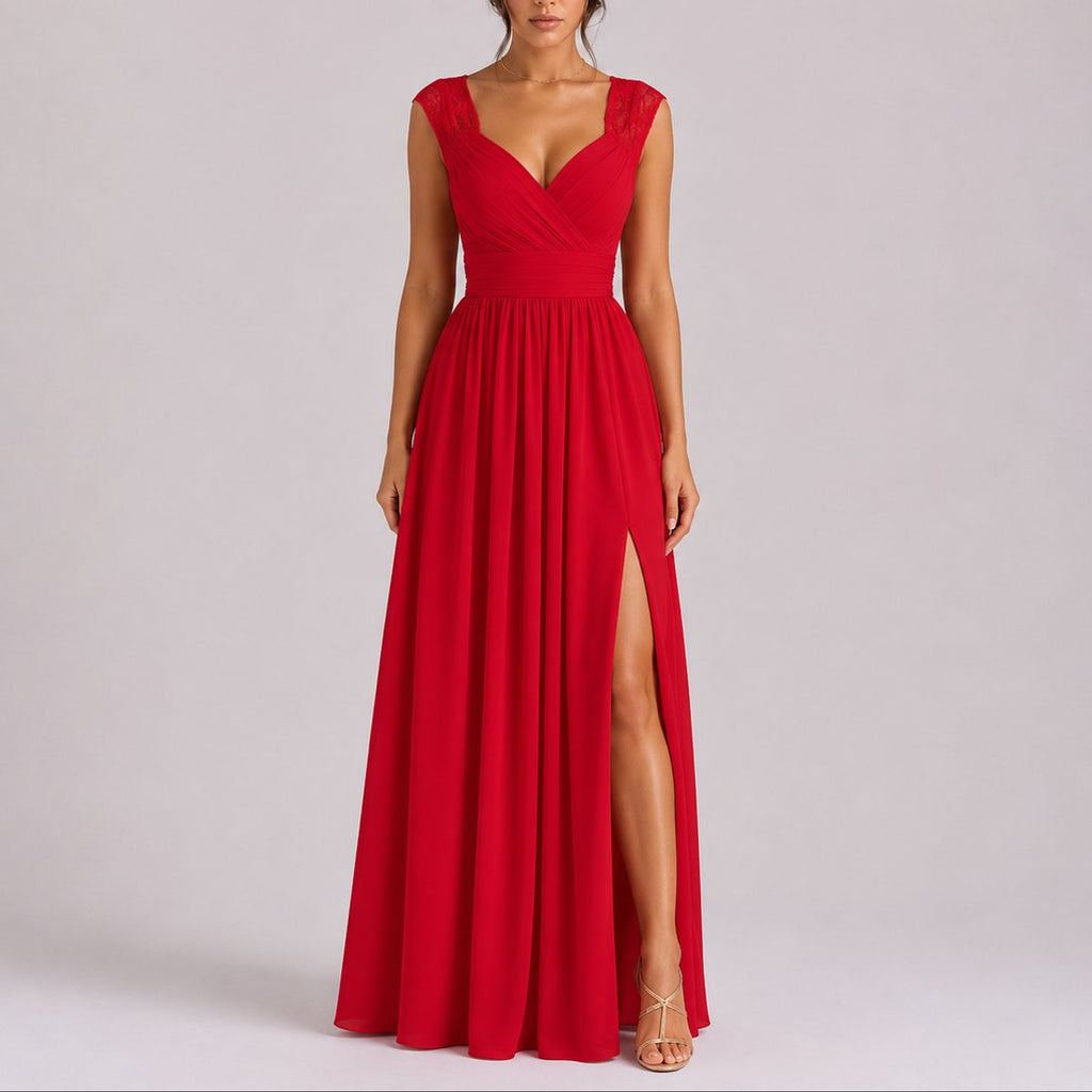 Maxi dress with crossover V-neck and lace shoulders for women
