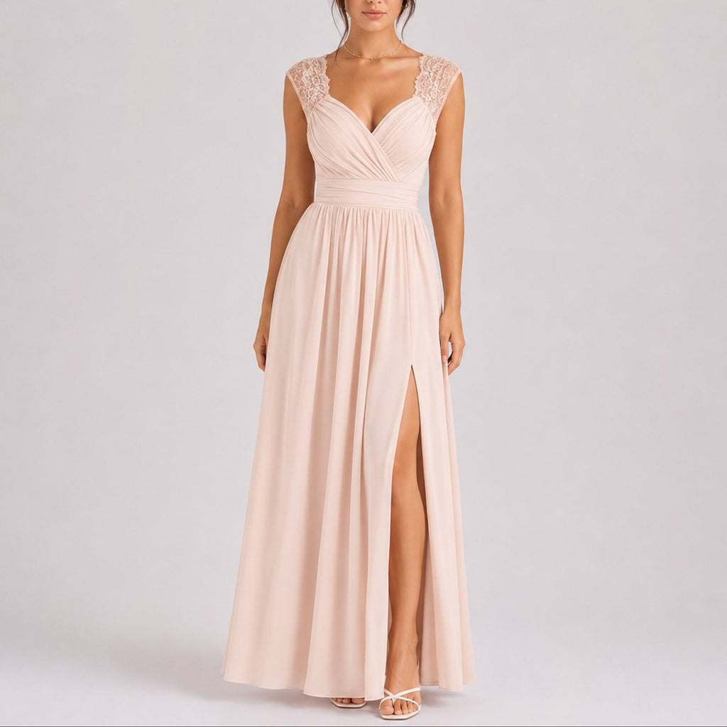 Maxi dress with crossover V-neck and lace shoulders for women