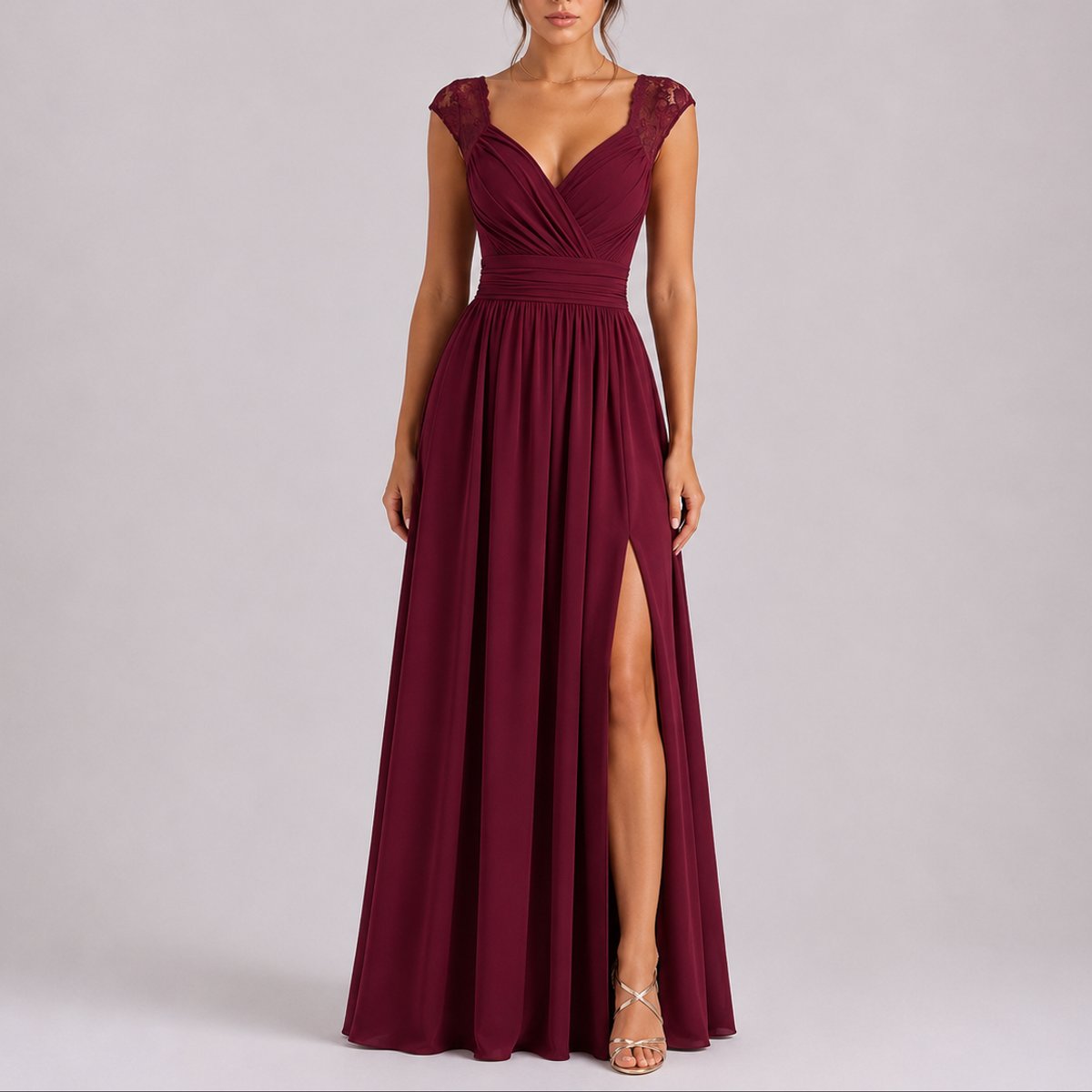 Maxi dress with crossover V-neck and lace shoulders for women