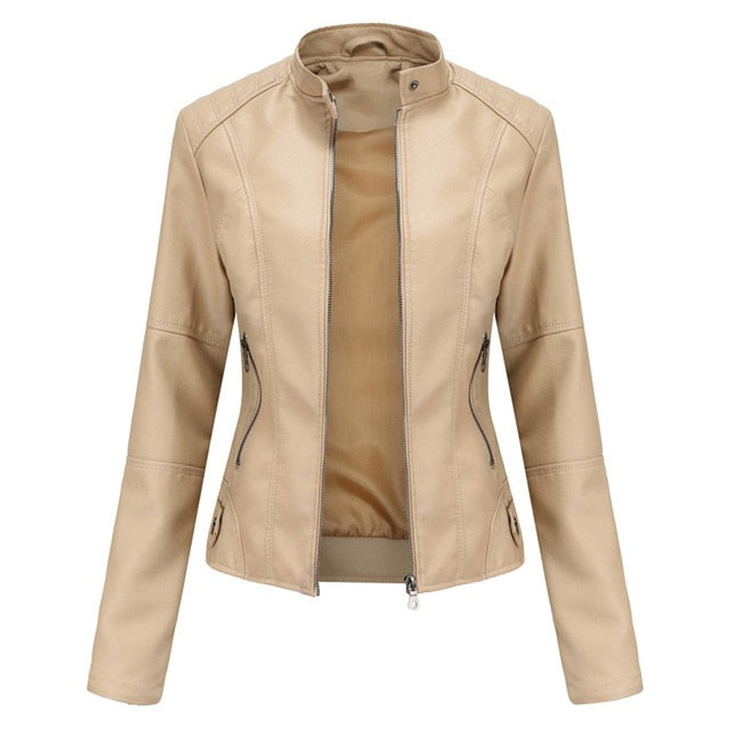 Madison - Women's Faux Leather Jacket Stand Collar Zip-Up Moto Jacket