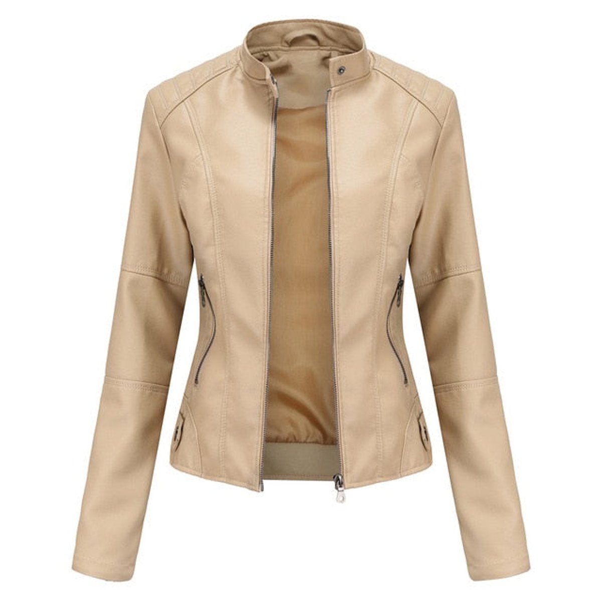 Madison - Women's Faux Leather Jacket Stand Collar Zip-Up Moto Jacket