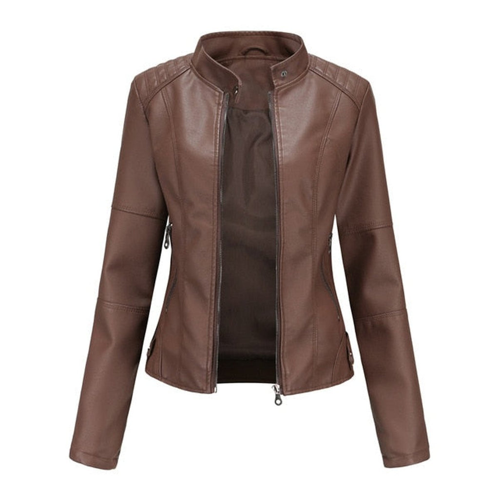 Madison - Women's Faux Leather Jacket Stand Collar Zip-Up Moto Jacket