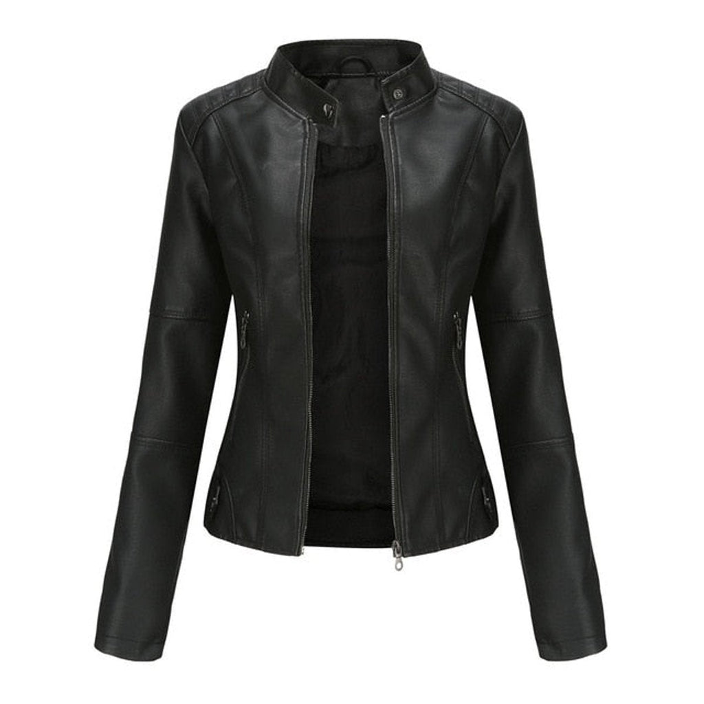 Madison - Women's Faux Leather Jacket Stand Collar Zip-Up Moto Jacket