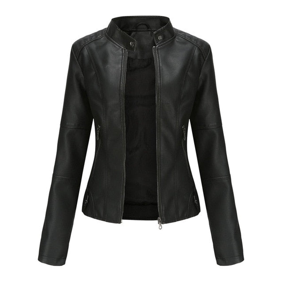 Madison - Women's Faux Leather Jacket Stand Collar Zip-Up Moto Jacket