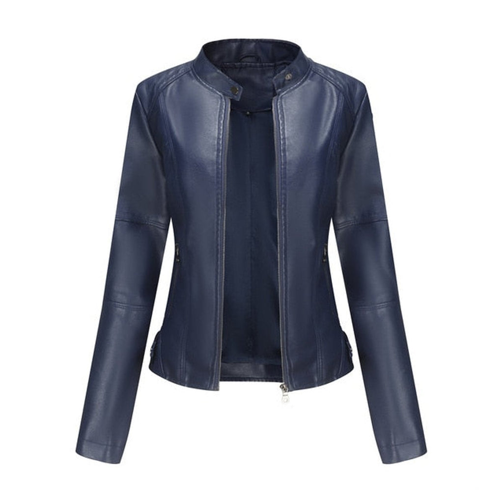 Madison - Women's Faux Leather Jacket Stand Collar Zip-Up Moto Jacket