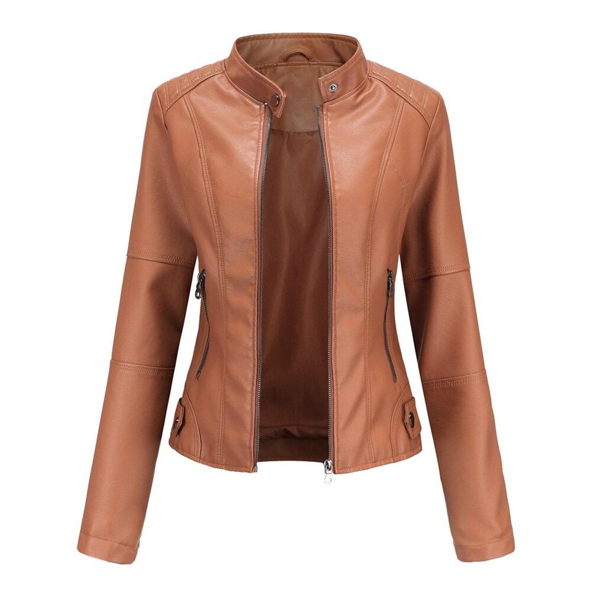 Madison - Women's Faux Leather Jacket Stand Collar Zip-Up Moto Jacket