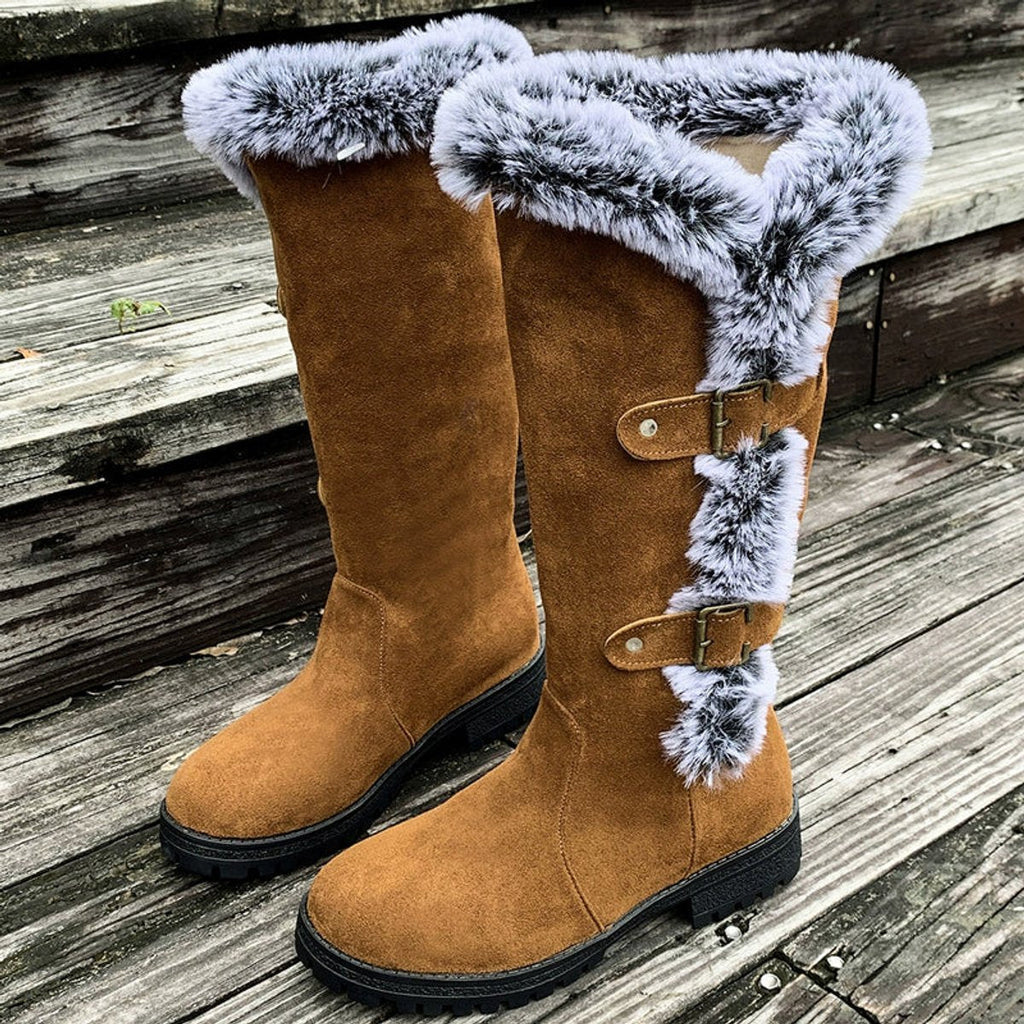 Harper - Women's Faux-Suede Fur-Trim Buckle Knee High Boots