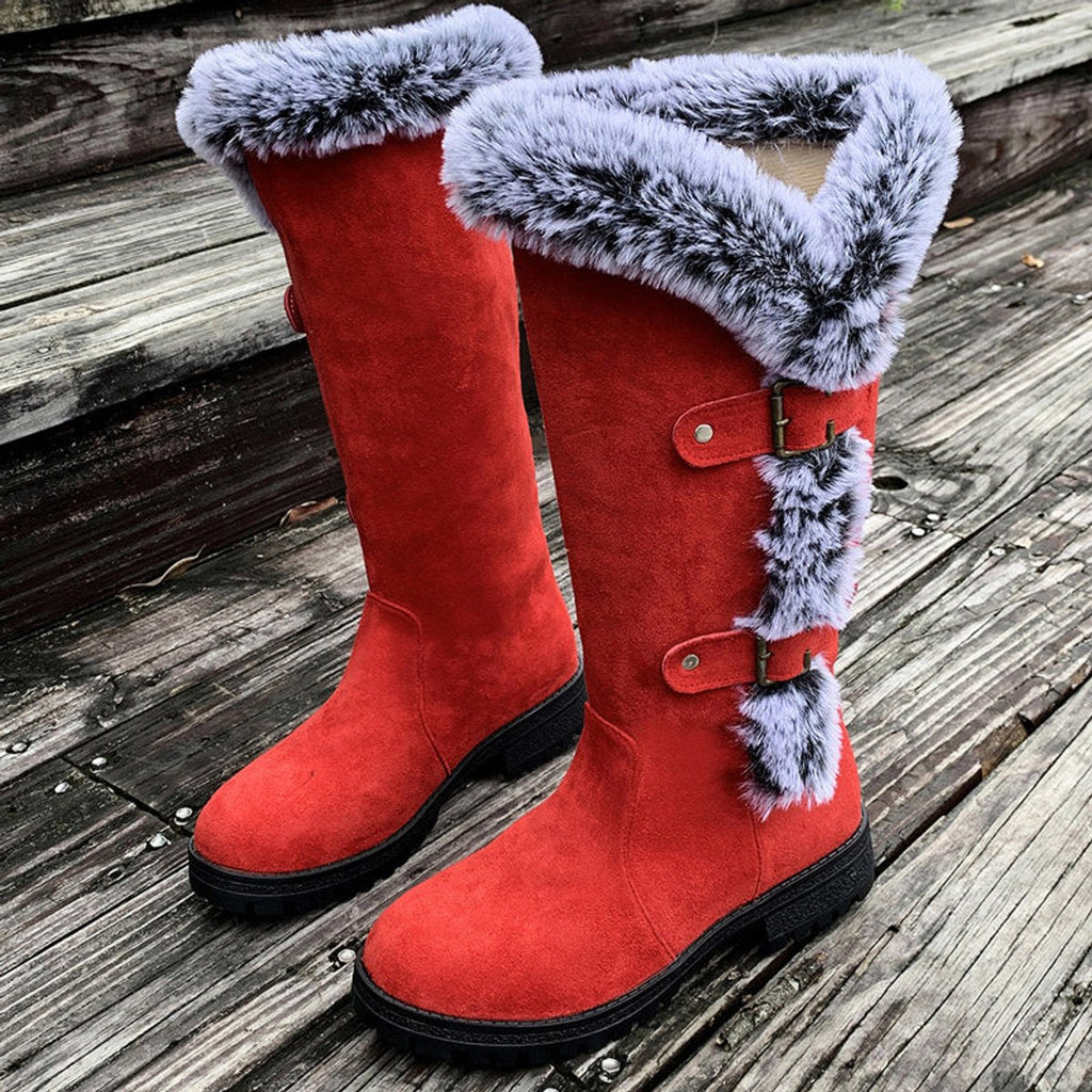 Harper - Women's Faux-Suede Fur-Trim Buckle Knee High Boots