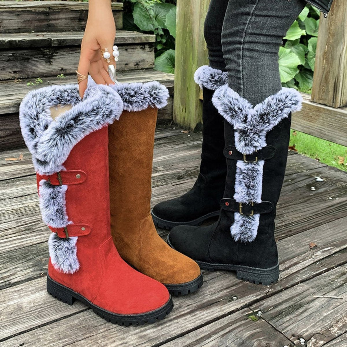 Harper - Women's Faux-Suede Fur-Trim Buckle Knee High Boots