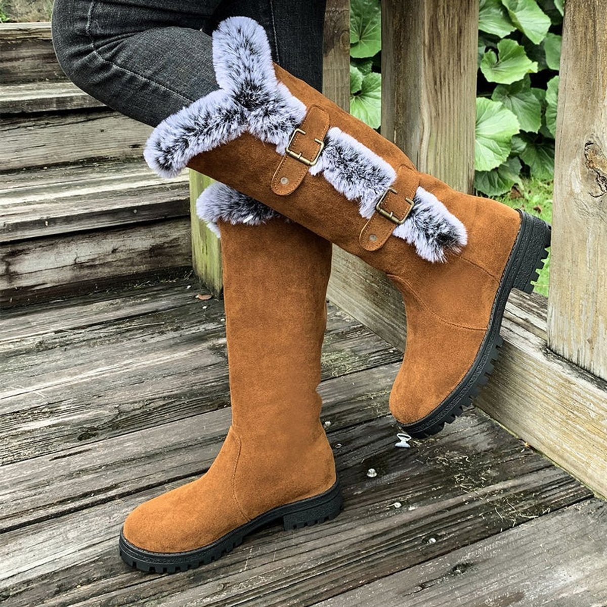Harper - Women's Faux-Suede Fur-Trim Buckle Knee High Boots