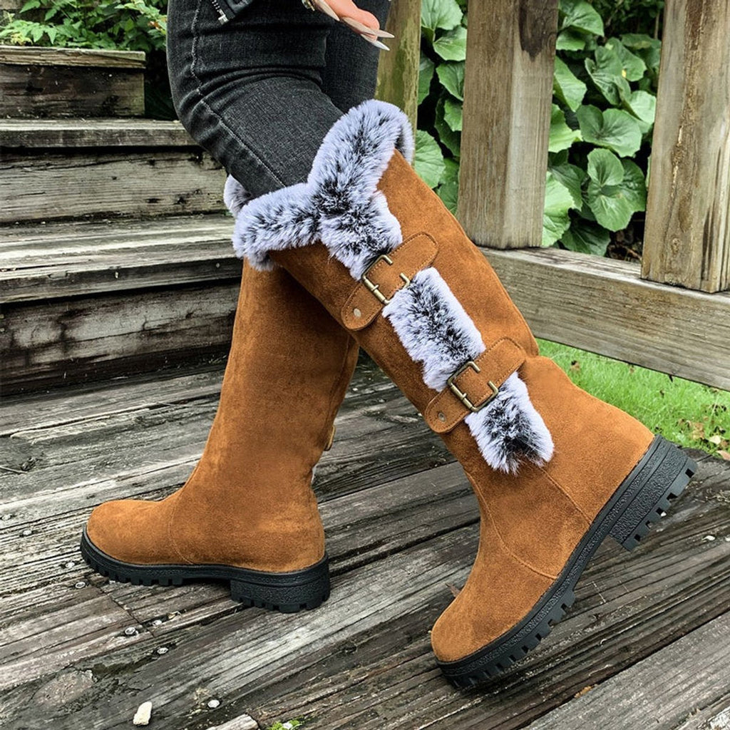 Harper - Women's Faux-Suede Fur-Trim Buckle Knee High Boots