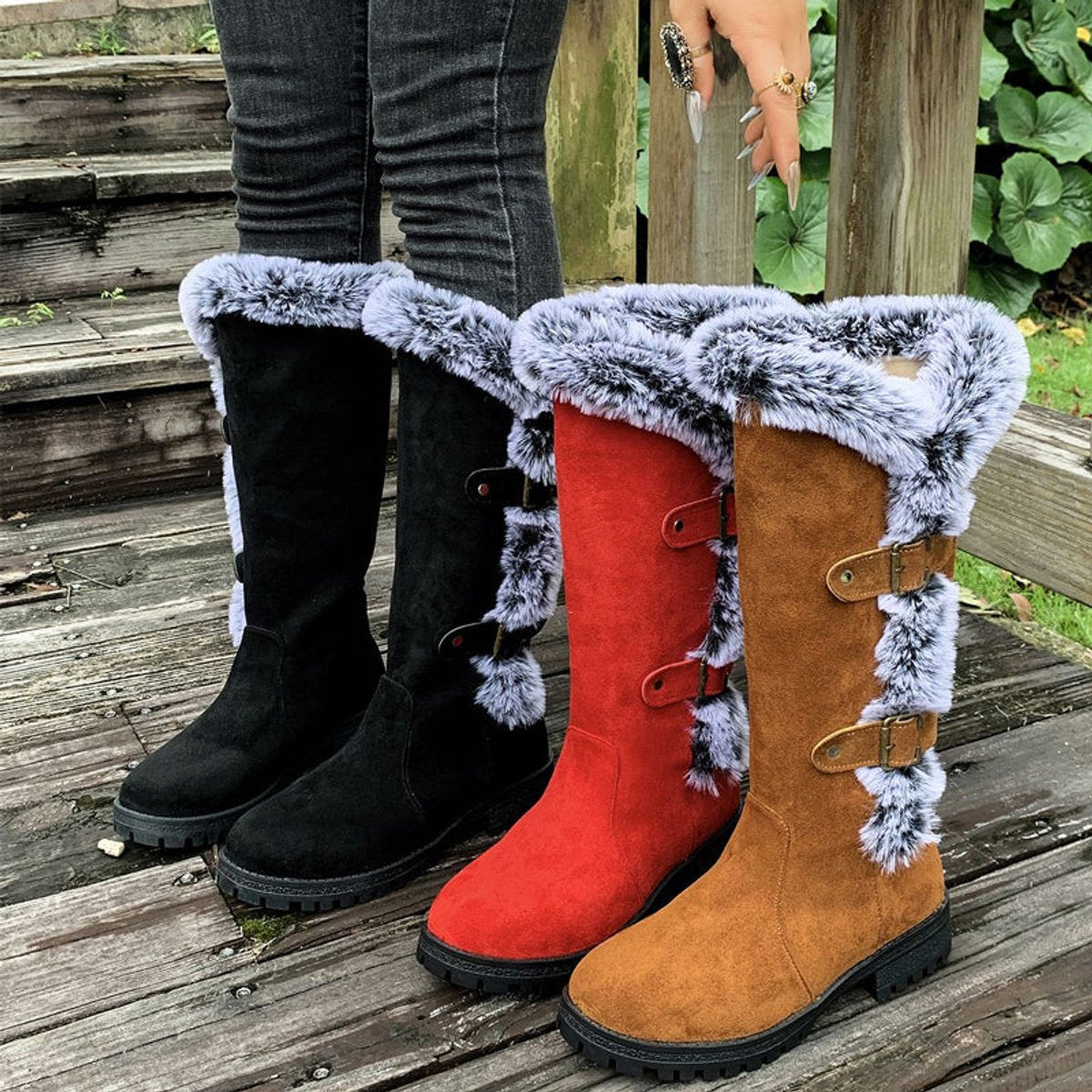 Harper - Women's Faux-Suede Fur-Trim Buckle Knee High Boots