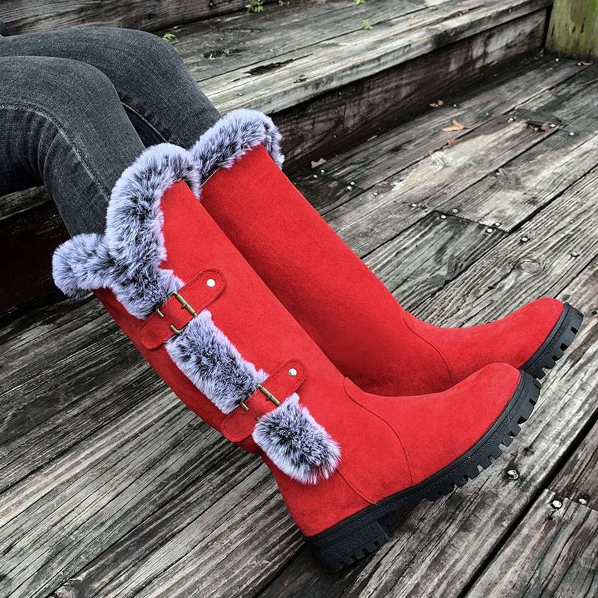 Harper - Women's Faux-Suede Fur-Trim Buckle Knee High Boots